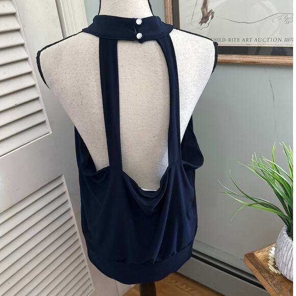 BOSTON PROPER Womens Top XL Navy Blue Halter Banded Bottom Mock Neck Open Back - Picture 6 of 9